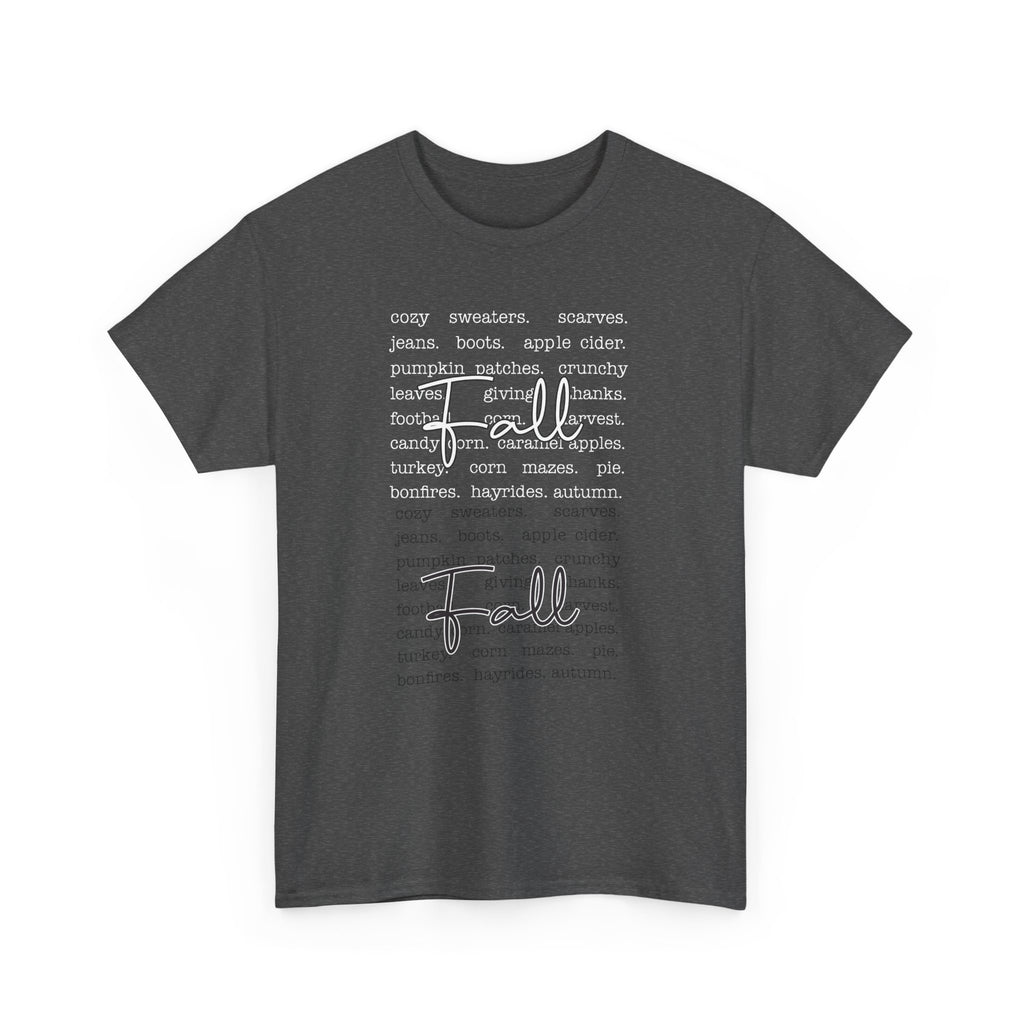 Fall Cursive Typography T-Shirt — Sweaters, Cider & Pumpkins. Unisex Cotton Tee