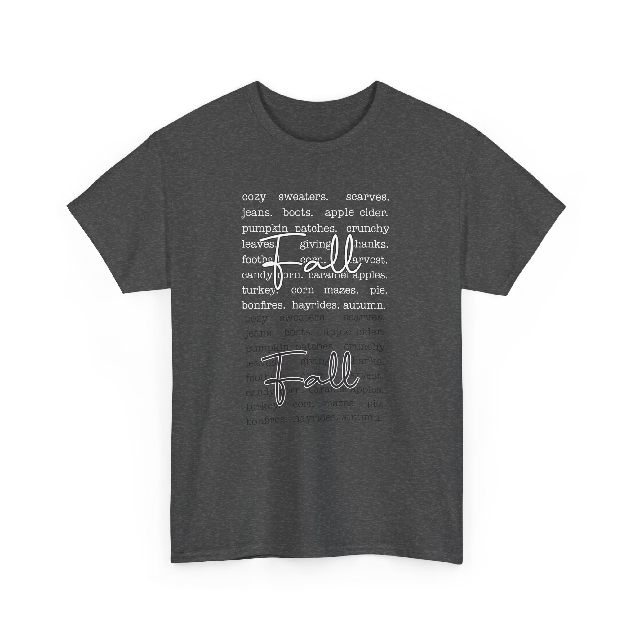 Fall Cursive Typography T-Shirt — Sweaters, Cider & Pumpkins. Unisex Cotton Tee