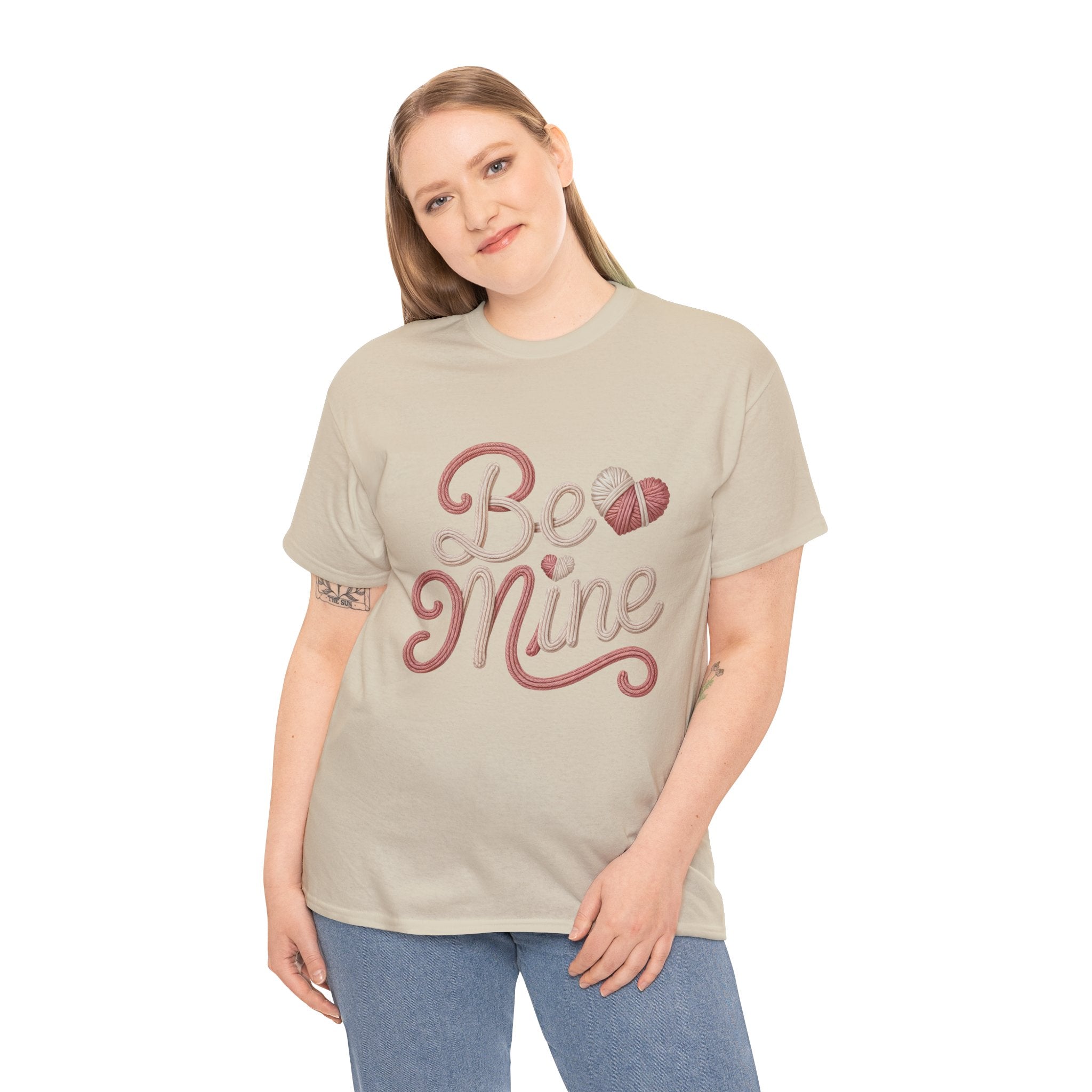 Be Mine Yarn Heart T-Shirt — Valentine’s Faux-Yarn Pink & Cream Unisex Cotton Tee