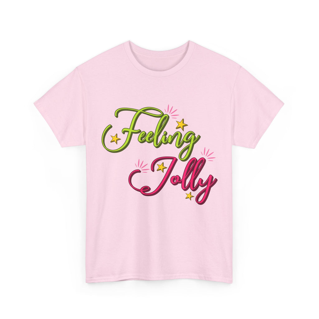 Feeling Jolly Tee — Festive Green & Pink Script with Yellow Stars Unisex Cotton Tee