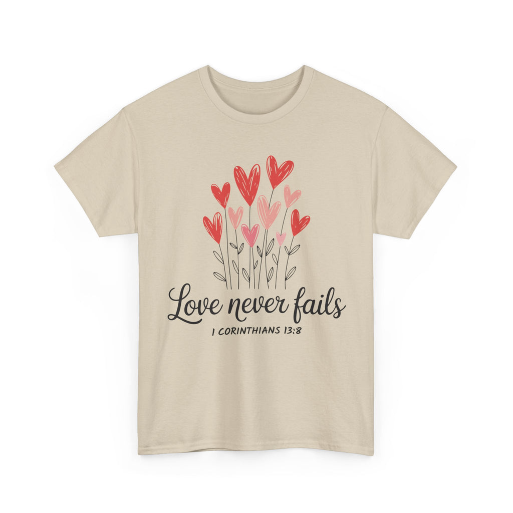 Christian Valentine T-Shirt — "Love Never Fails" (1 Corinthians 13:8) Unisex Cotton Tee