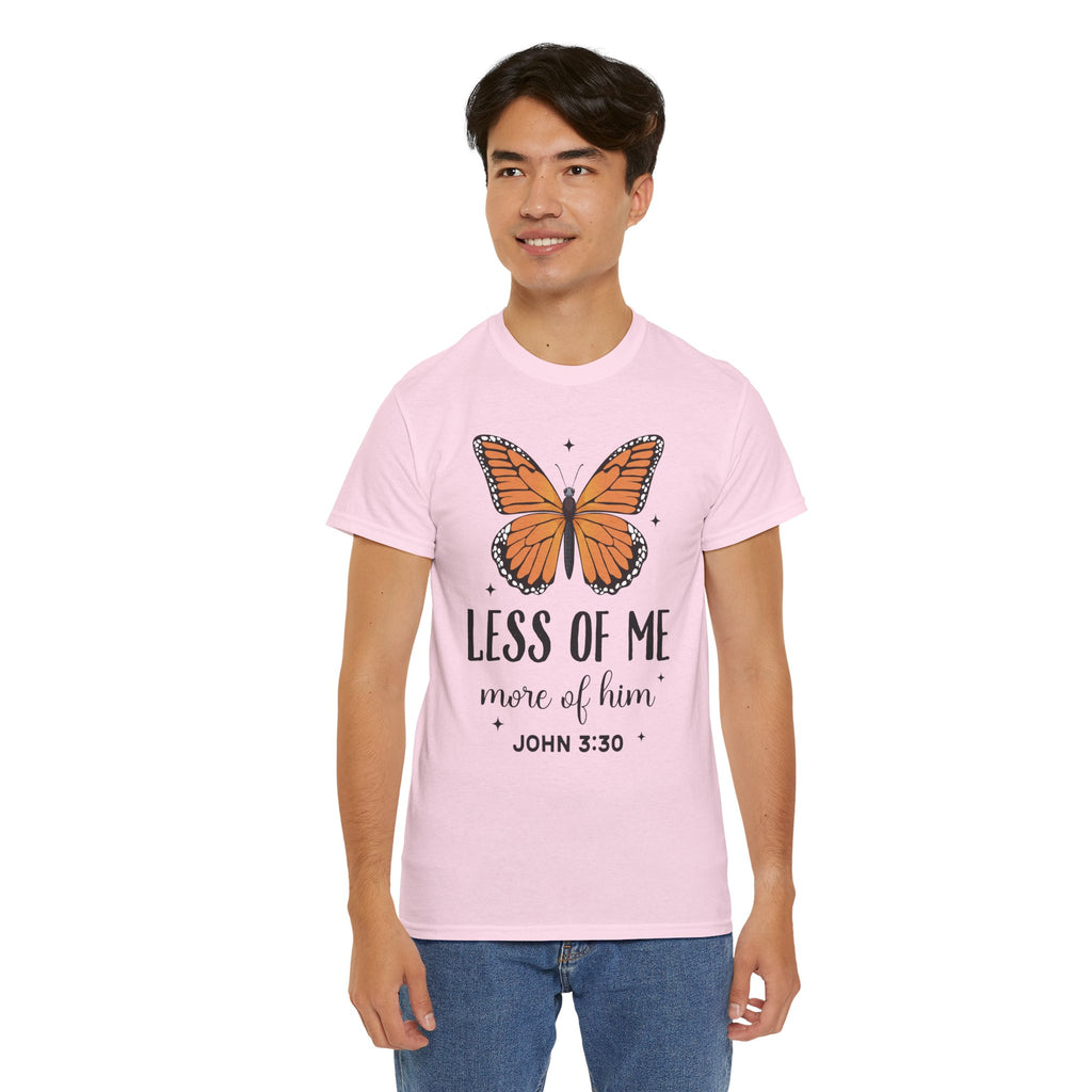Monarch Butterfly Tee — "Less of Me, More of Him" Christian Unisex cotton T‑Shirt
