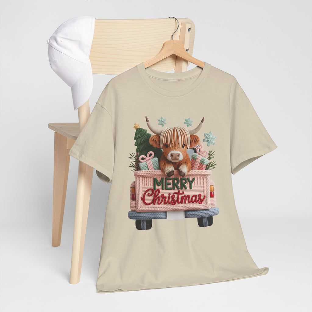 Merry Christmas Highland Cow Knit Truck Unisex Cotton T-Shirt
