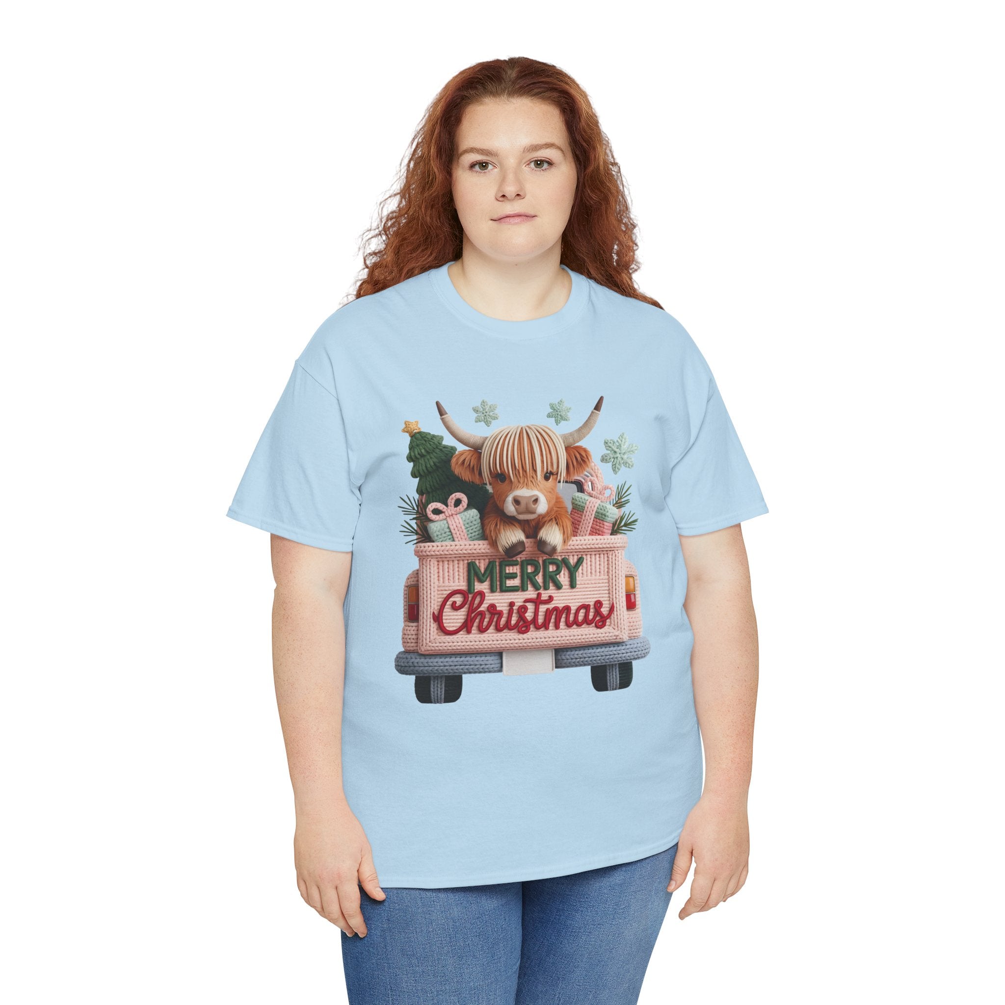 Merry Christmas Highland Cow Knit Truck Unisex Cotton T-Shirt