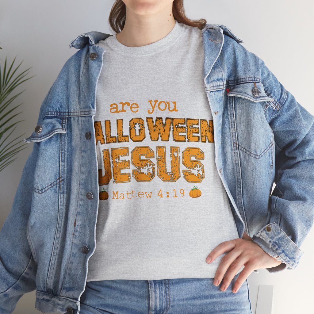 Christian Halloween T-Shirt — “Are You Falloween Jesus? Matthew 4:19” Distressed Pumpkin Design. Unisex Cotton Tee