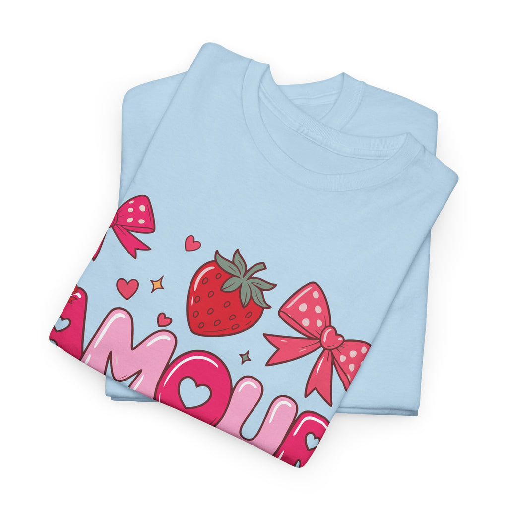 Amour Pink Hearts Tee — Shiny Lettering with Bows, Cherries & Strawberry Accent...Unisex Cotton Tee