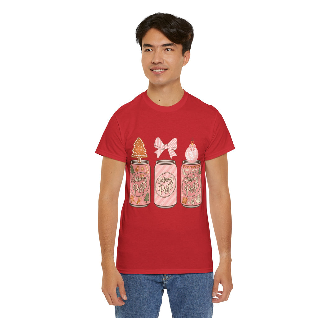 Merry Pop Christmas Soda Can Tee — Pastel Holiday Graphic Unisex Cotton T-Shirt