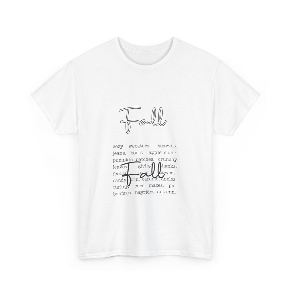 Fall Cursive Typography T-Shirt — Sweaters, Cider & Pumpkins. Unisex Cotton Tee