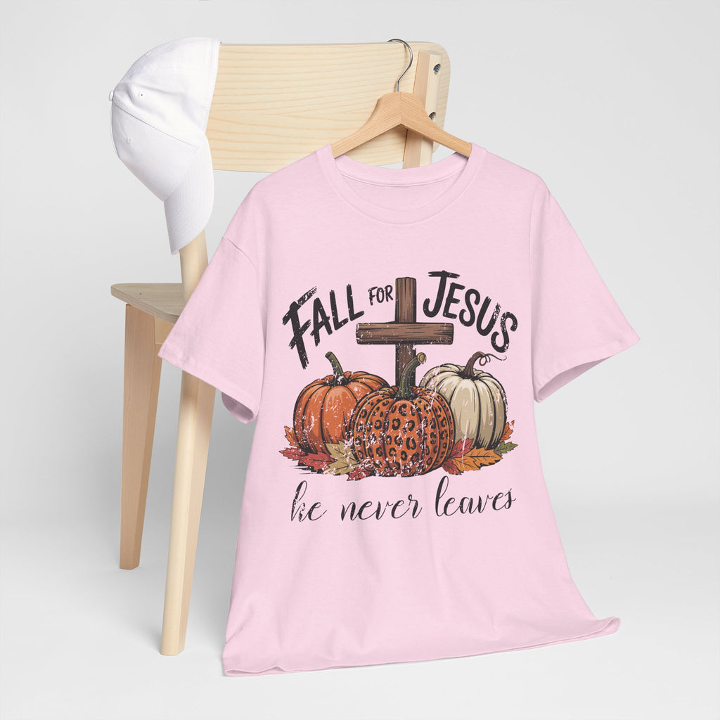 Fall for Jesus Pumpkin Cross Tee — "He Never Leaves" Autumn Christian Unisex Cotton T-Shirt