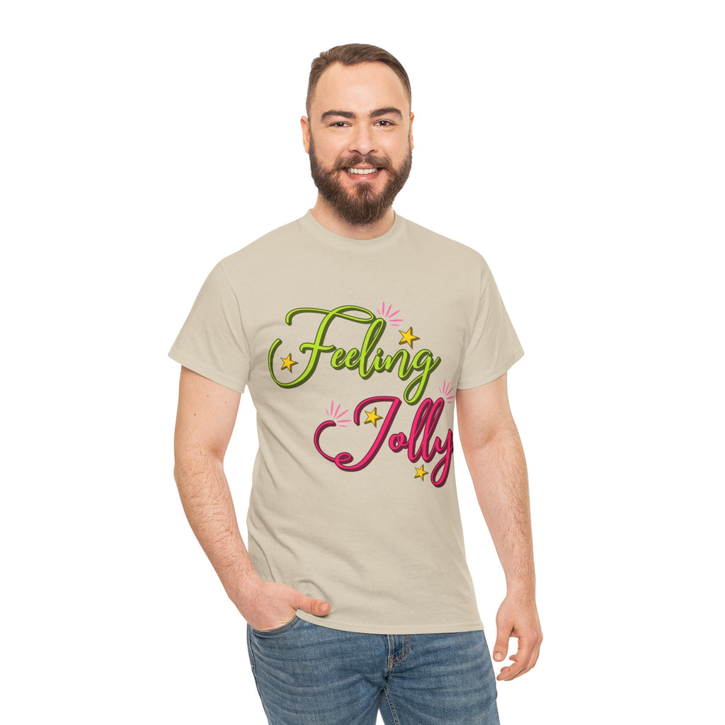 Feeling Jolly Tee — Festive Green & Pink Script with Yellow Stars Unisex Cotton Tee
