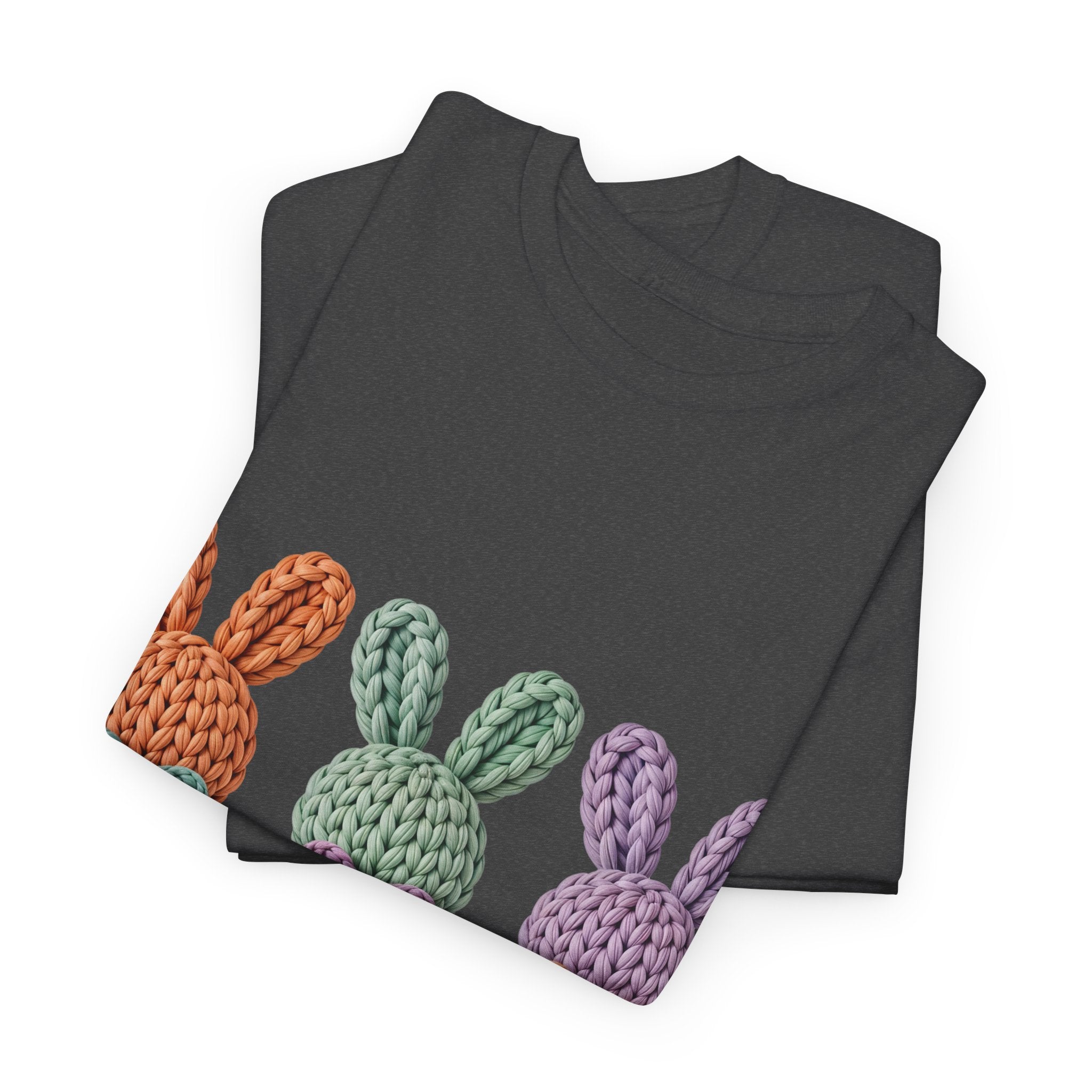 Pastel Crochet Bunny Tee — Trio of Faux Knit Bunnies with Bows & Flowers Unisex Cotton Tee