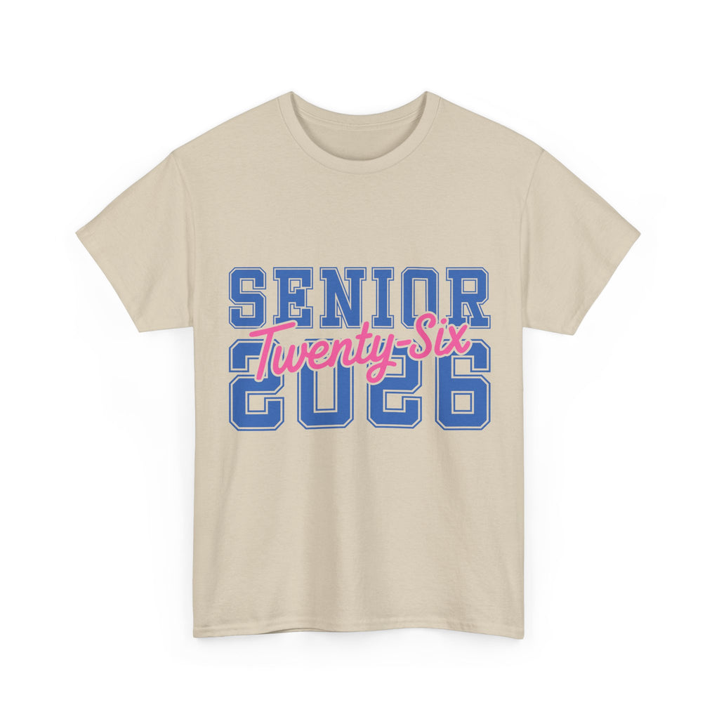 Senior 2026 Tee — Pink Varsity Block with Blue Script Overlay Unisex Cotton Tee