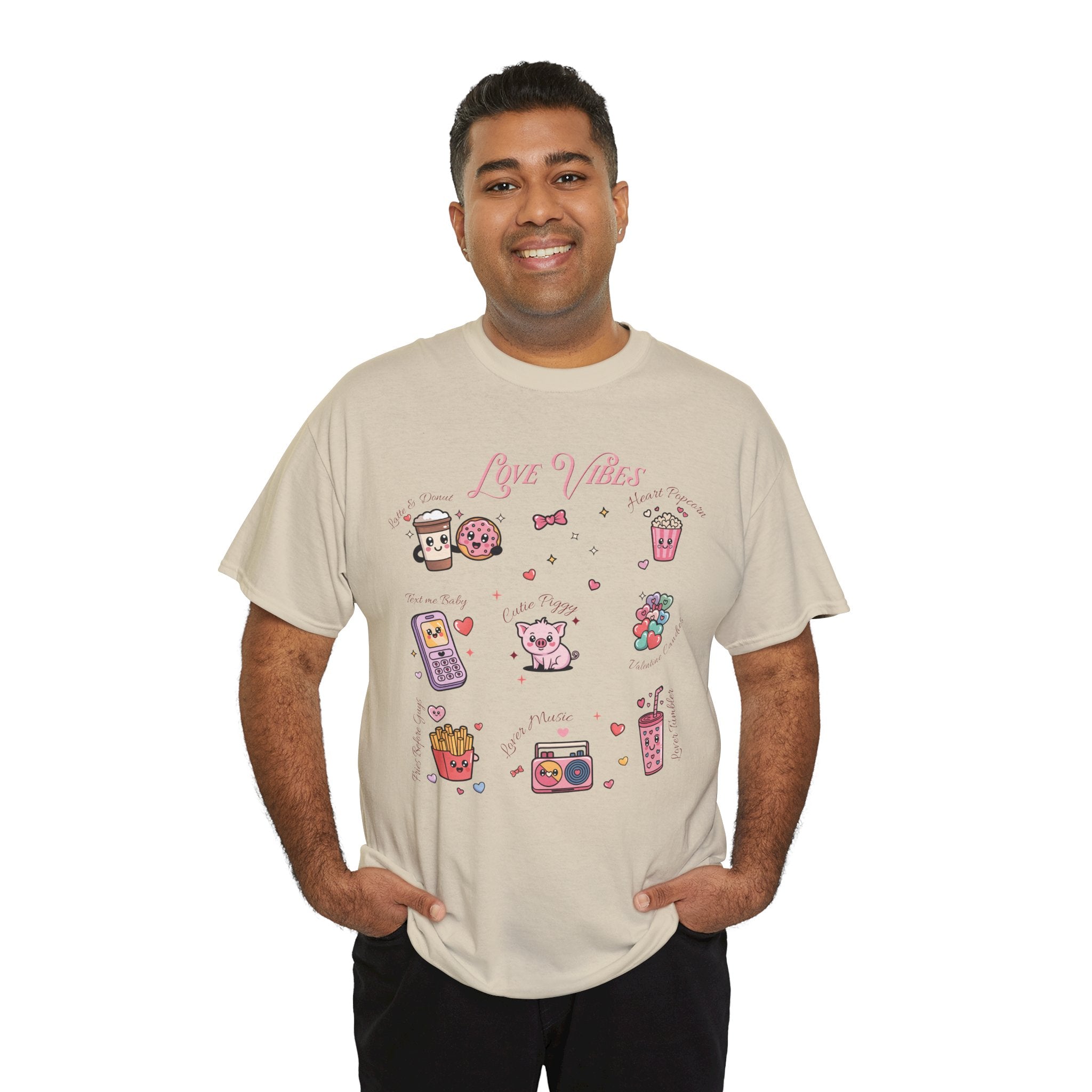 Love Vibes Kawaii Valentine T-Shirt — Cute Donut, Coffee & Piglet Design Unisex Cotton Tee