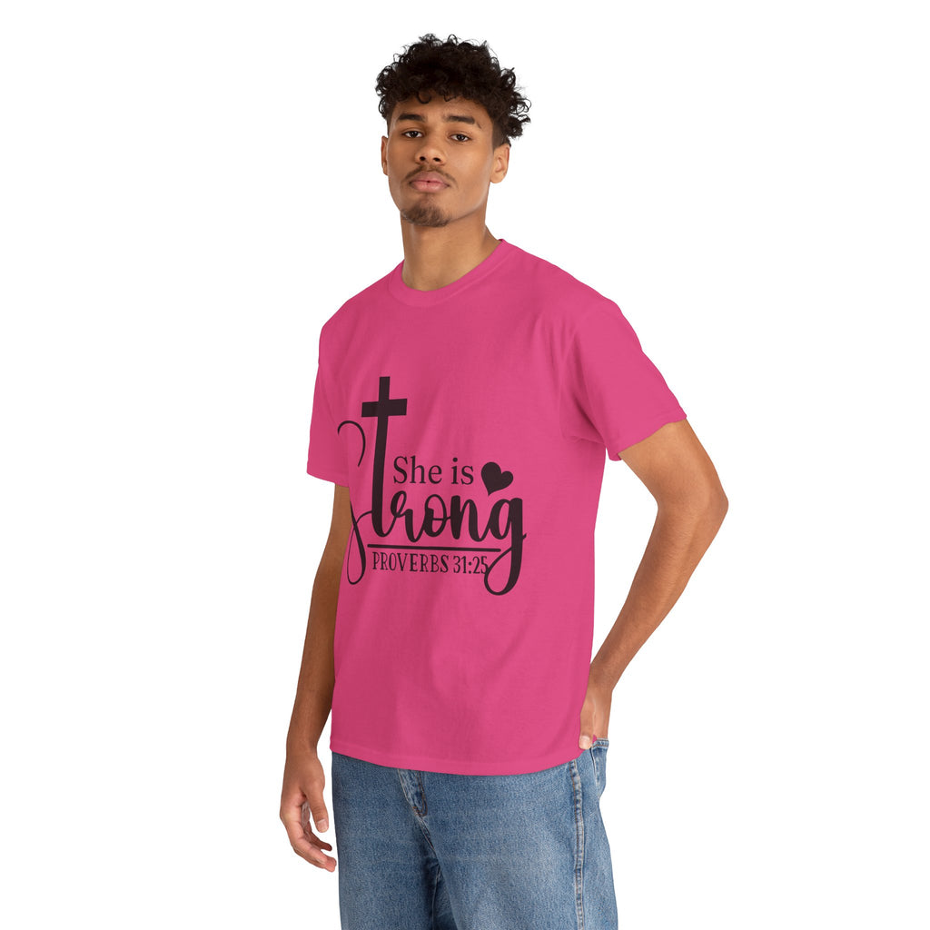 Proverbs 31:25 'She is Strong' T-Shirt – Christian Cross & Heart Unisex Cotton Tee