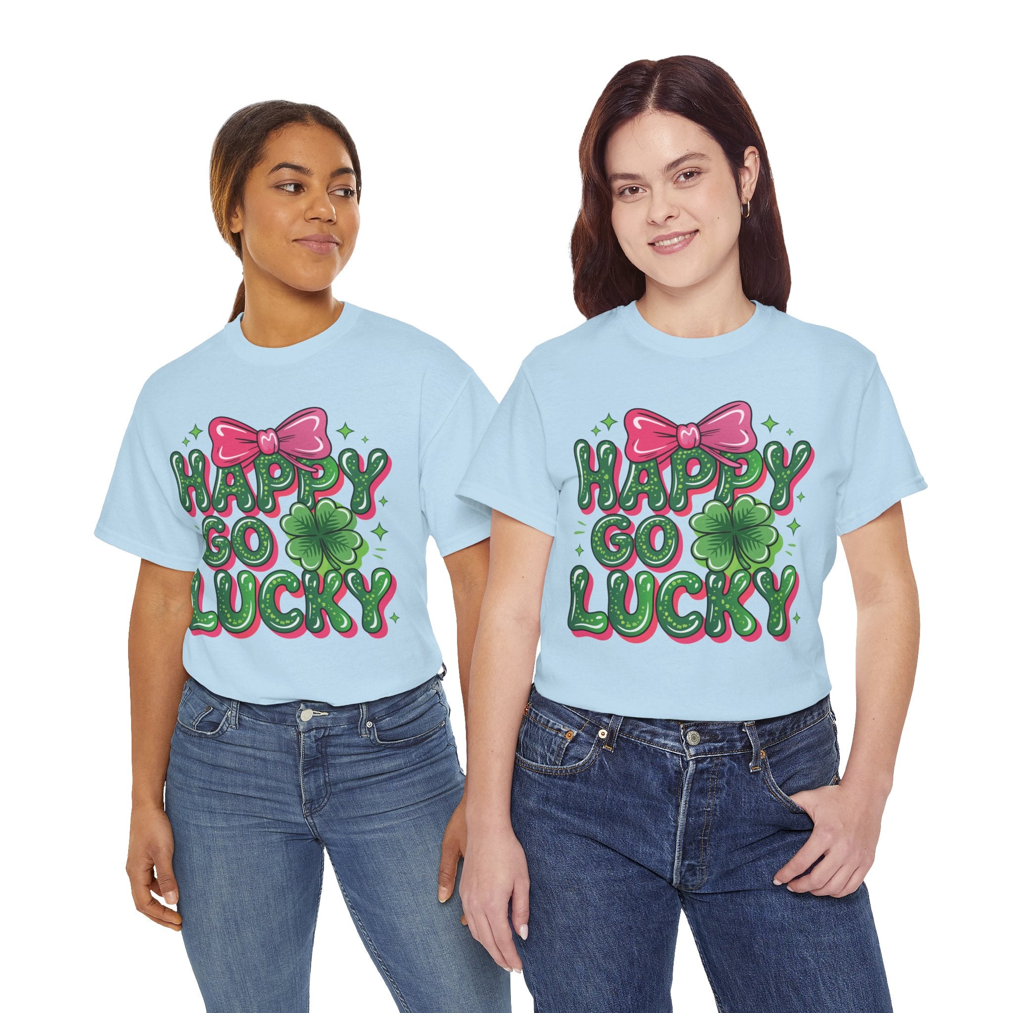 Happy Go Lucky Four-Leaf Clover Tee — Glossy Green Letters & Pink Bow Unisex Cotton Tee