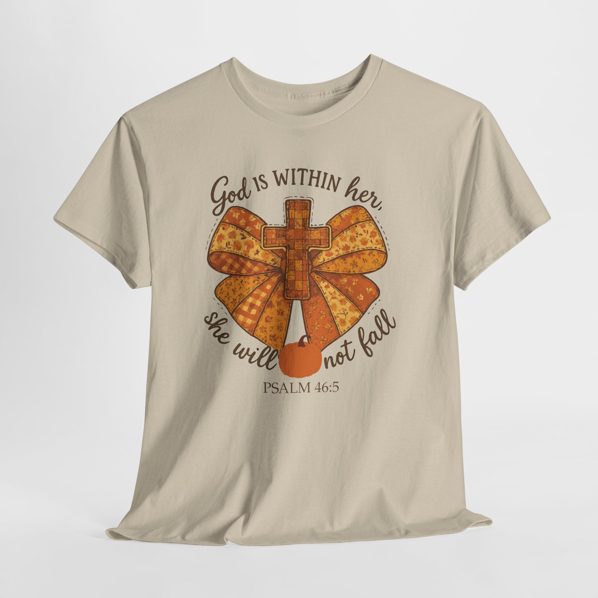 Psalm 46:5 Cross Patchwork Tee — Fall Bow Christian Unisex Cotton T-Shirt
