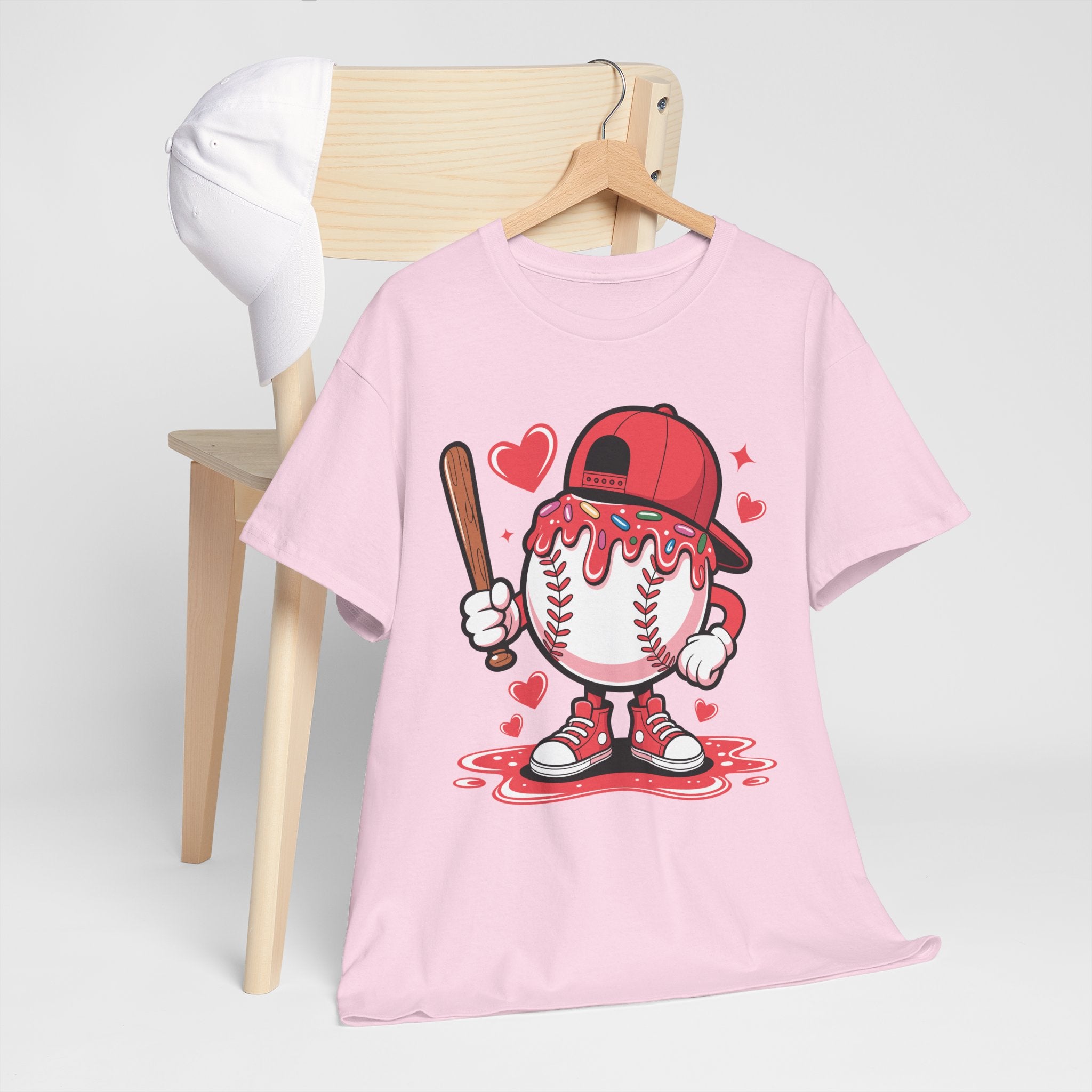 Cute Baseball Character T-Shirt — Red Cap & Icing Top Graphic with Hearts Unisex Cotton Tee