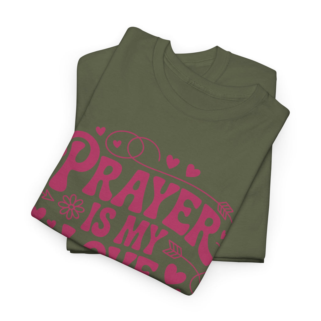 Prayer Is My Love Language Christian Tee — Pastel Pink Hearts Unisex Cotton Tee