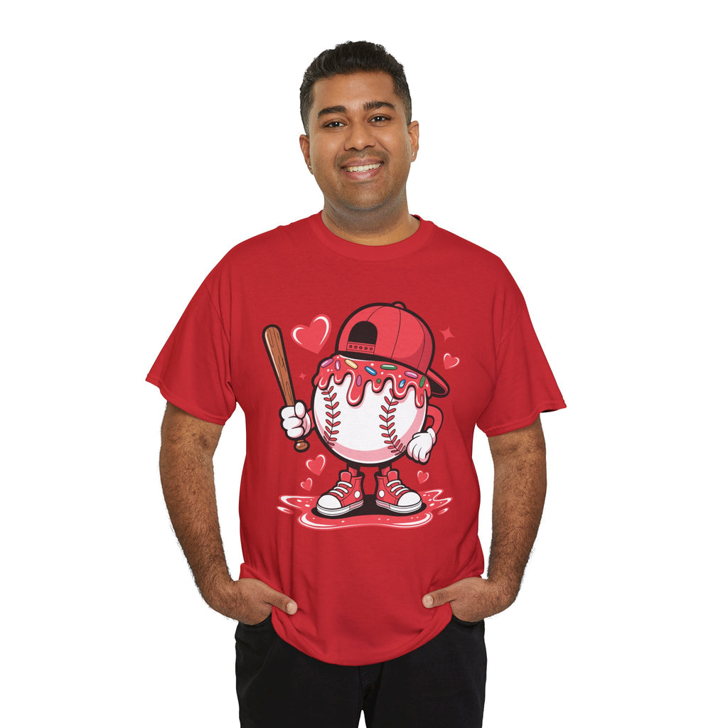 Cute Baseball Character T-Shirt — Red Cap & Icing Top Graphic with Hearts Unisex Cotton Tee