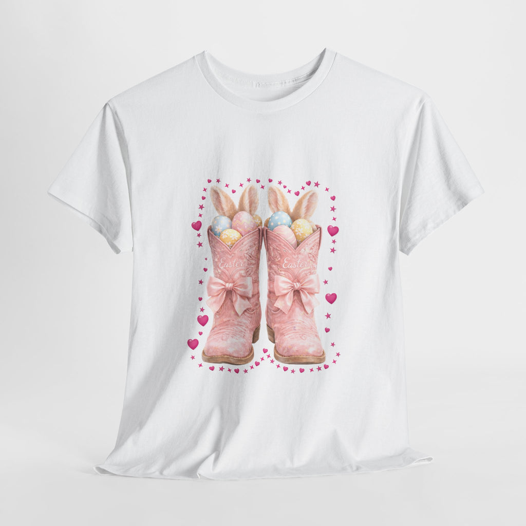 Easter Pink Western Boots Tee — Pastel Bunny Eggs & Bows Unisex Cotton Tee