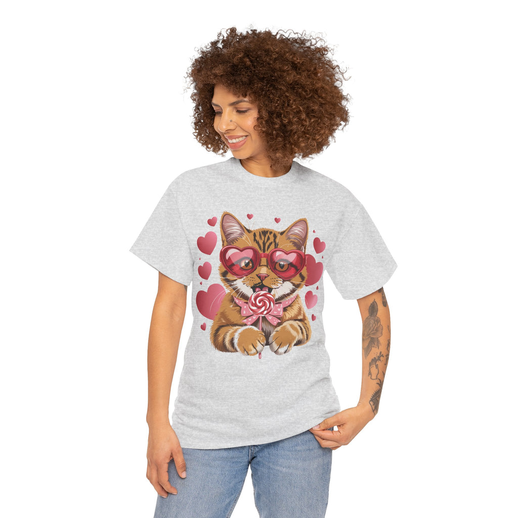 Valentine Cat Tee — Heart Glasses, Lollipop Bow Unisex Cotton Tee
