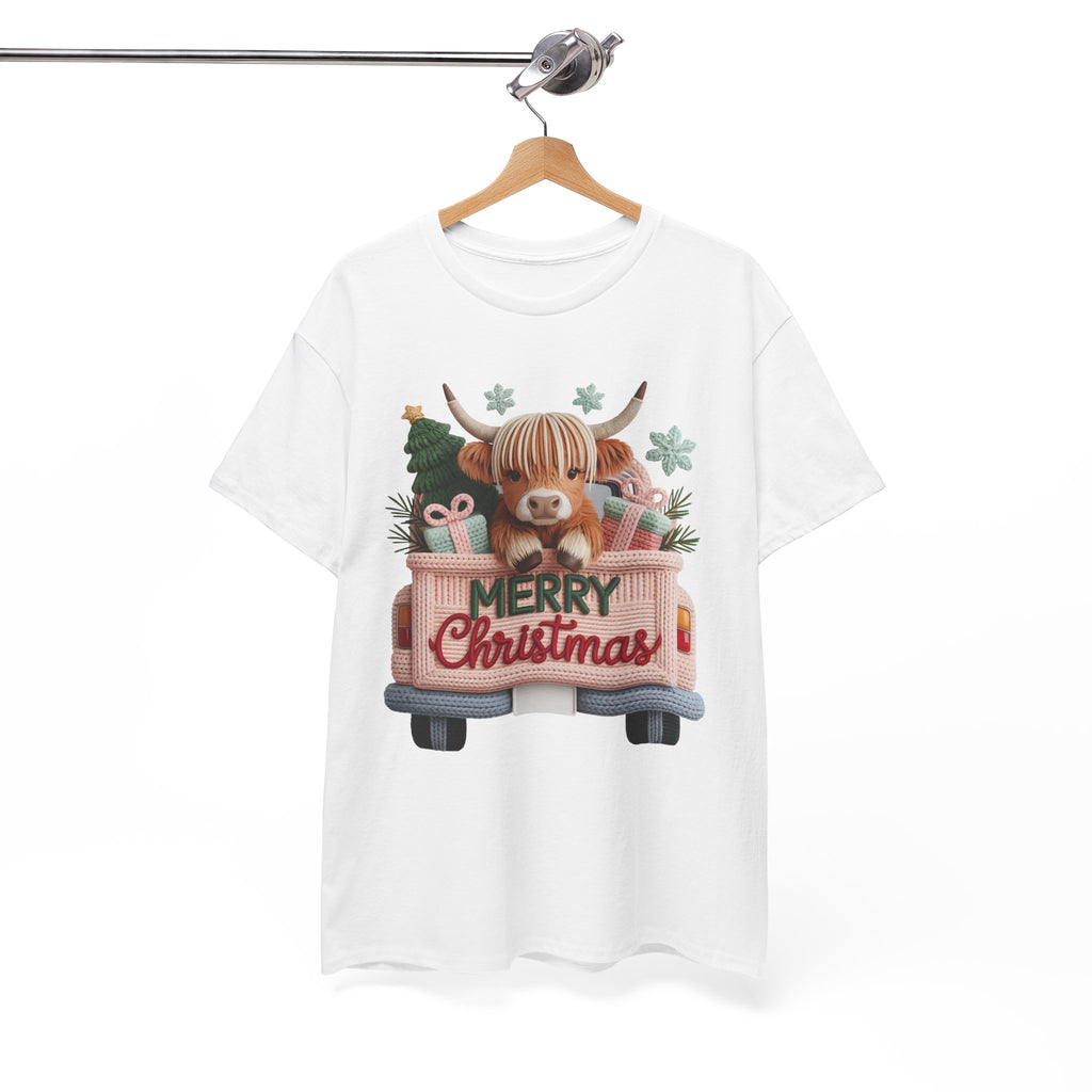 Merry Christmas Highland Cow Knit Truck Unisex Cotton T-Shirt