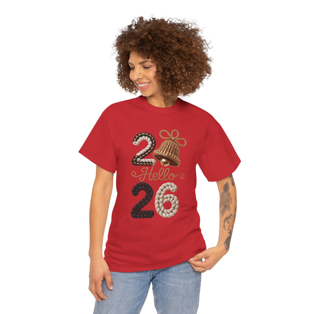 Hello 2026 Tee — Cozy Faux Yarn Braided Numbers with Woven Golden Bell..Unisex Cotton Tee