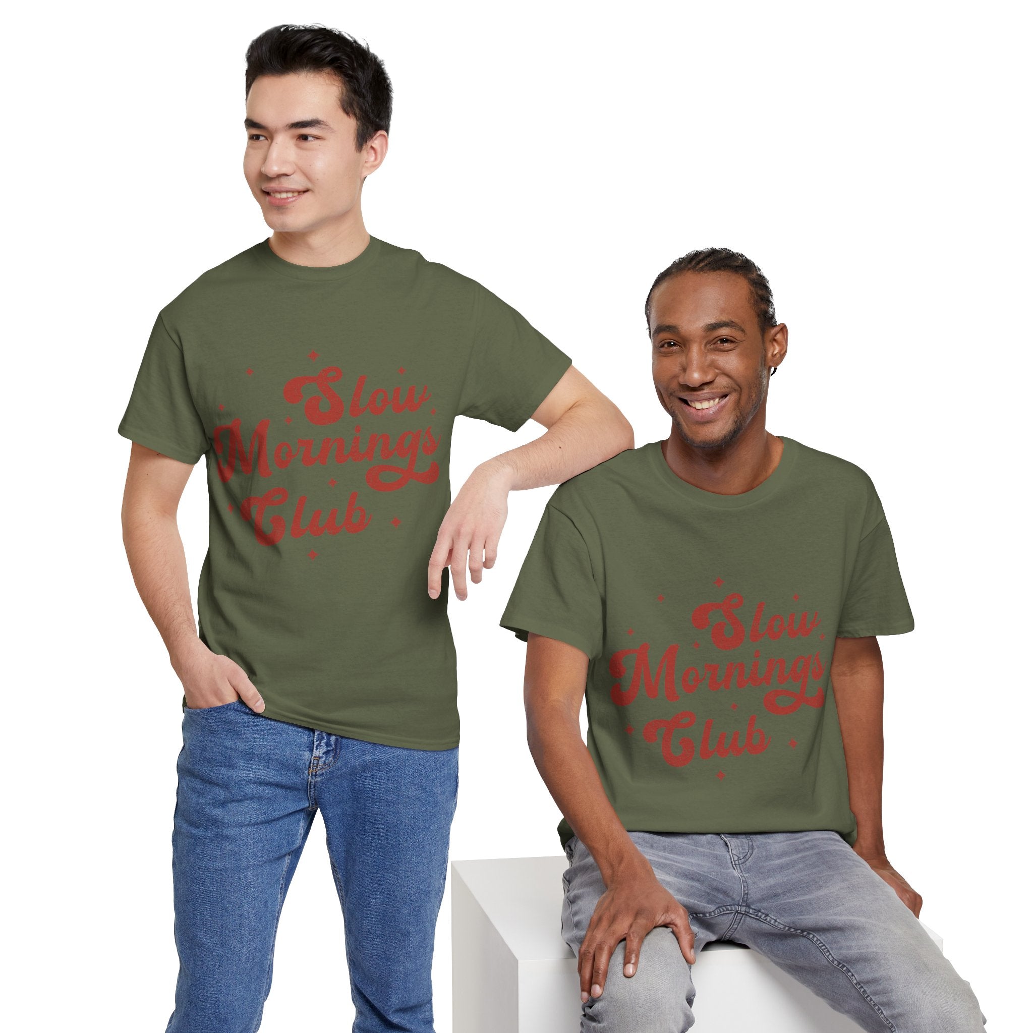 Slow Mornings Club T-Shirt — Retro Red Sparkle Unisex Cotton Tee