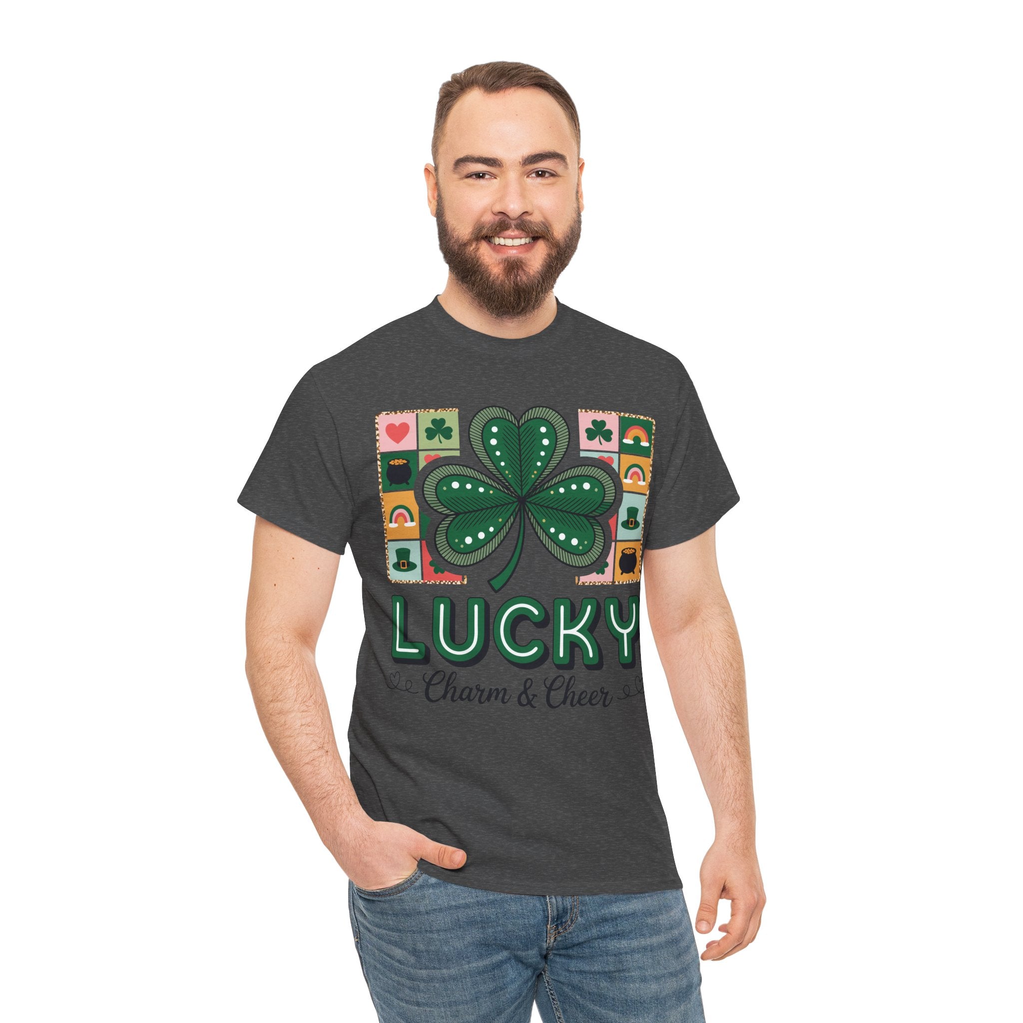Lucky Charm & Cheer Clover Tee — Patchwork St. Patrick’s Day Unisex Cotton T-Shirt