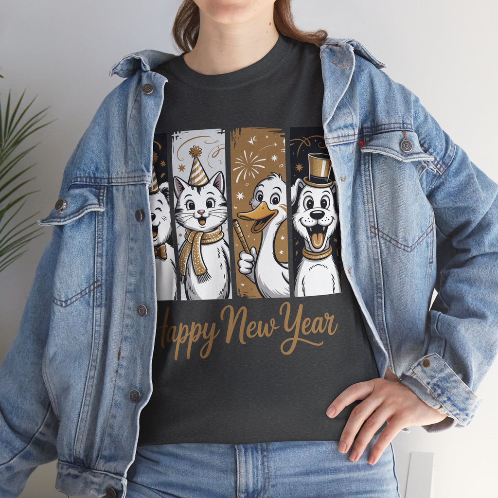 Happy New Year Party Animals T-Shirt — Cute Smiling Animals in Party Hats & Gold Fireworks..Unisex Cotton Tee