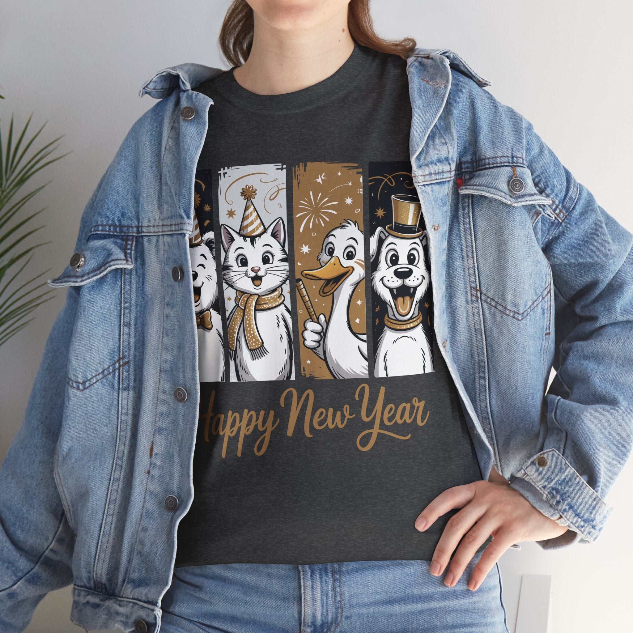 Happy New Year Party Animals T-Shirt — Cute Smiling Animals in Party Hats & Gold Fireworks..Unisex Cotton Tee