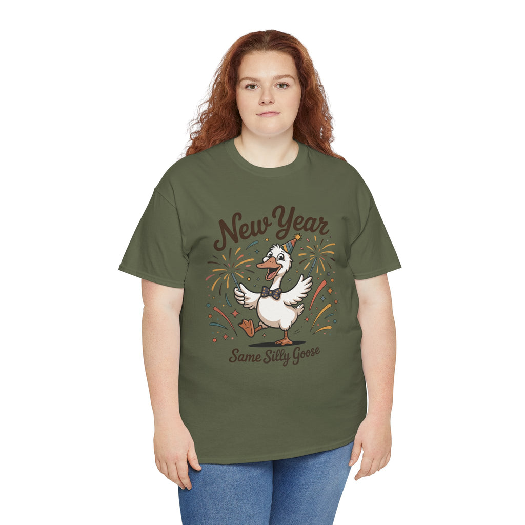 Happy Goose New Year T-Shirt — Party Hat, Fireworks & Confetti Unisex Cotton Tee