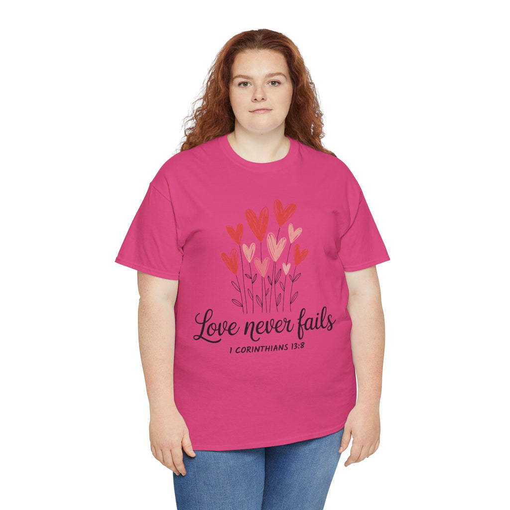 Christian Valentine T-Shirt — "Love Never Fails" (1 Corinthians 13:8) Unisex Cotton Tee