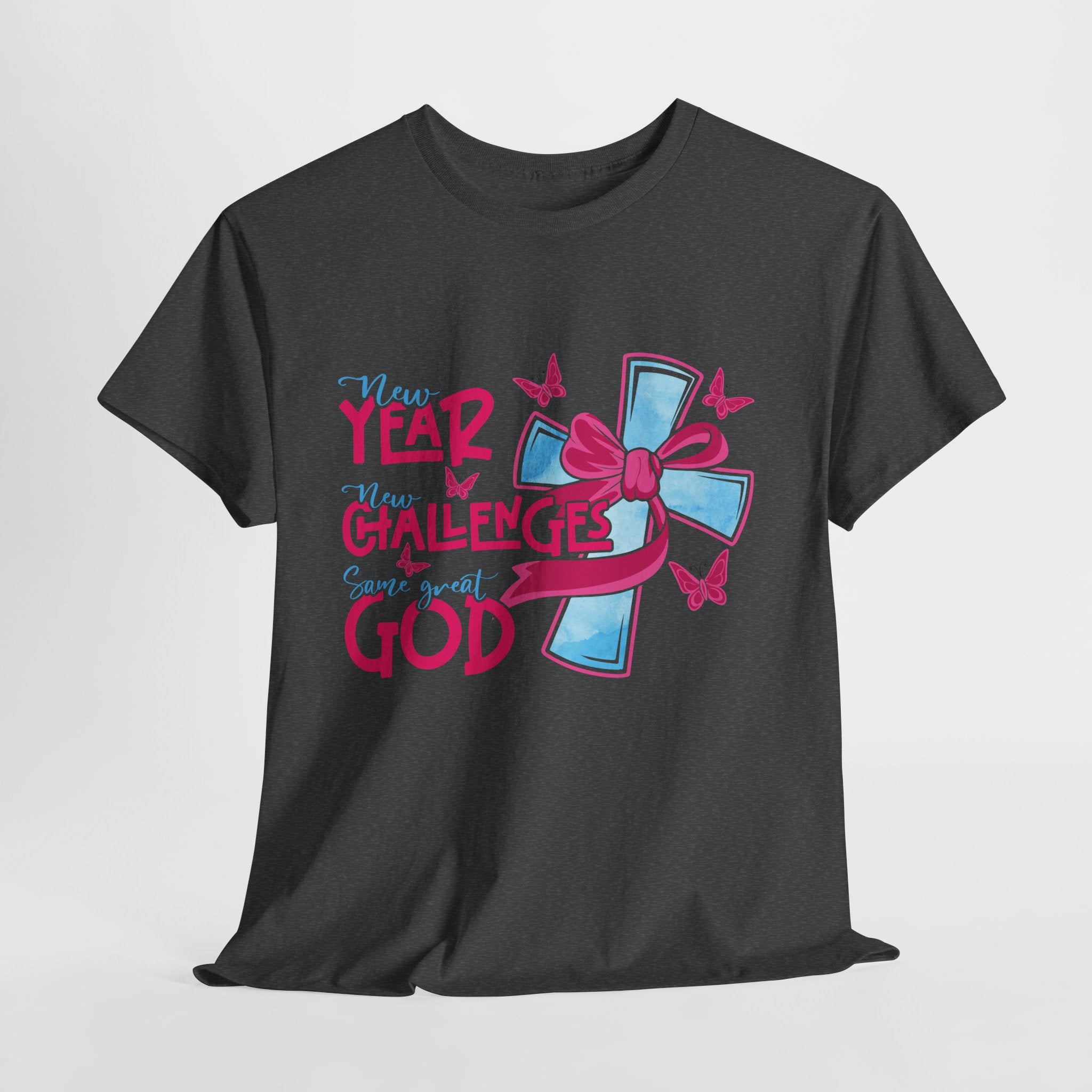 Christian T-Shirt — “New Year, New Challenges, Same Great God” with Pink Bow Cross & Butterflies. Unisex Cotton Tee