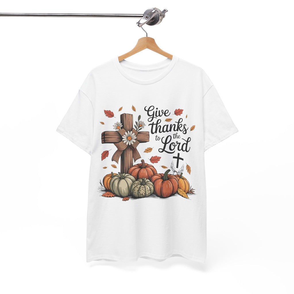 Give Thanks to the Lord Autumn Tee — Wooden Cross, Pumpkins & Daisies..Unisex Cotton Tee