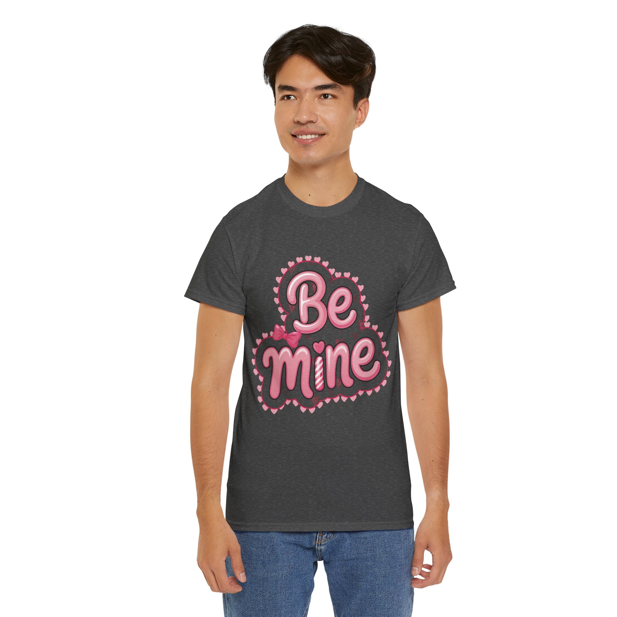 Be Mine Valentine T-Shirt — Pink Bubble Letters with Hearts & Bow..Unisex Cotton Tee