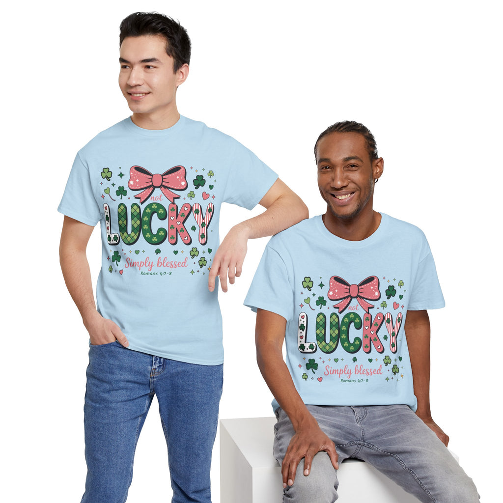 Simply Blessed Tee — “Not Lucky, Simply Blessed” with Pastel Bow, Clovers & Romans 4:7-8 Unisex Cotton Tee
