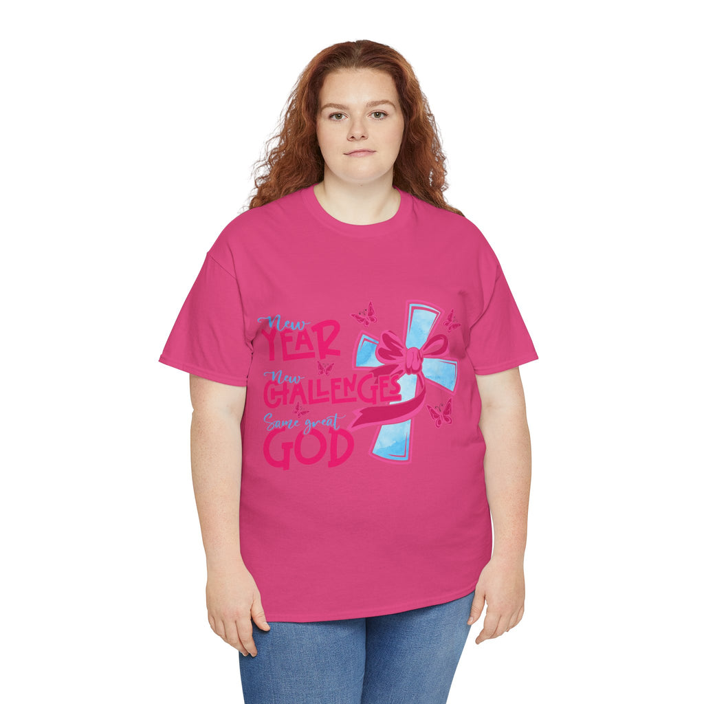 Christian T-Shirt — “New Year, New Challenges, Same Great God” with Pink Bow Cross & Butterflies. Unisex Cotton Tee