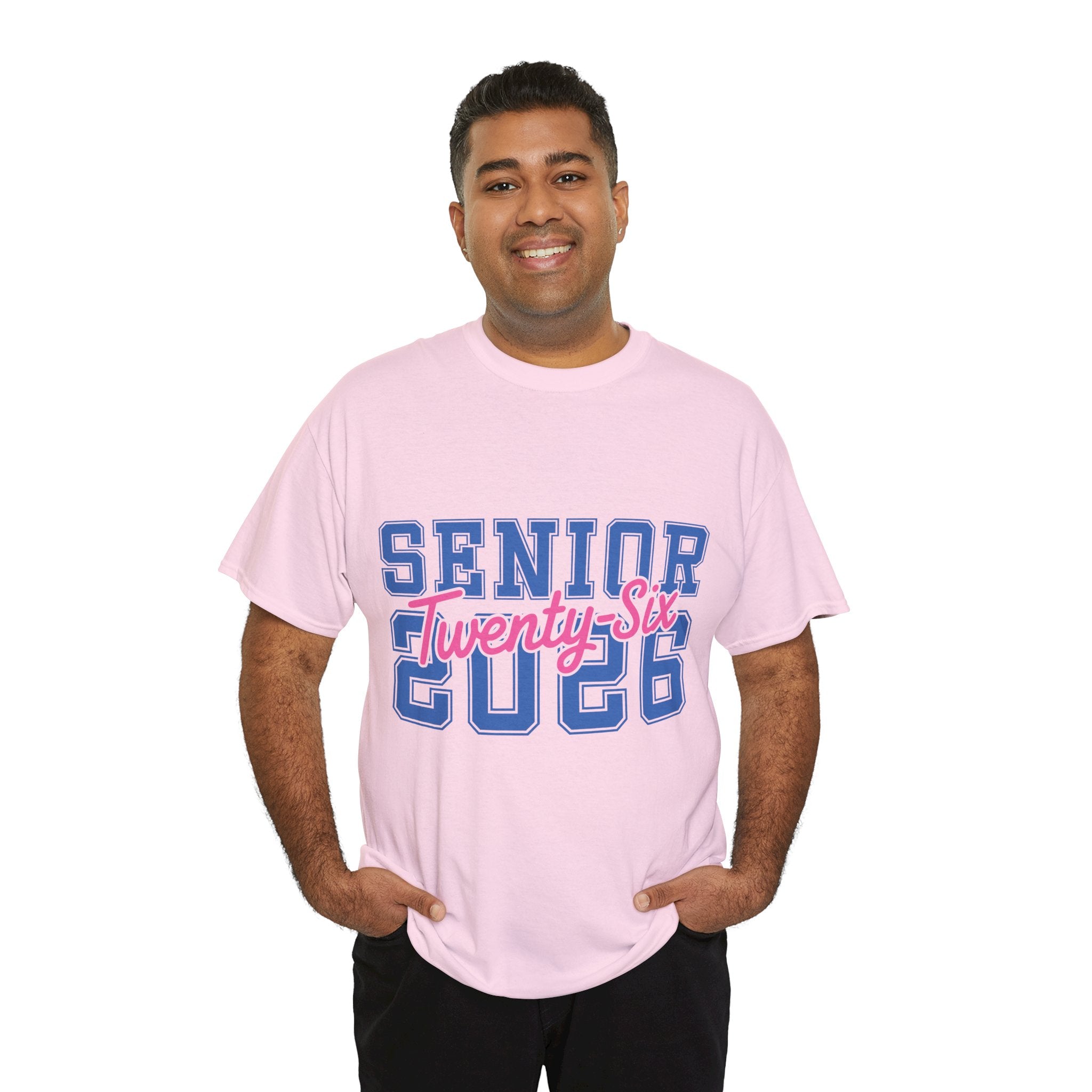 Senior 2026 Tee — Pink Varsity Block with Blue Script Overlay Unisex Cotton Tee