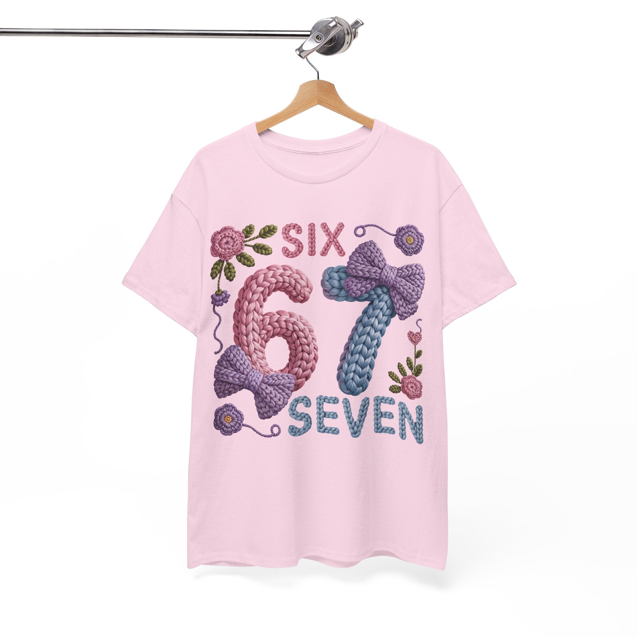 Pastel Crochet Numbers 6 & 7 Tee — Faux-Yarn Bows & Flowers. Unisex Cotton Tee