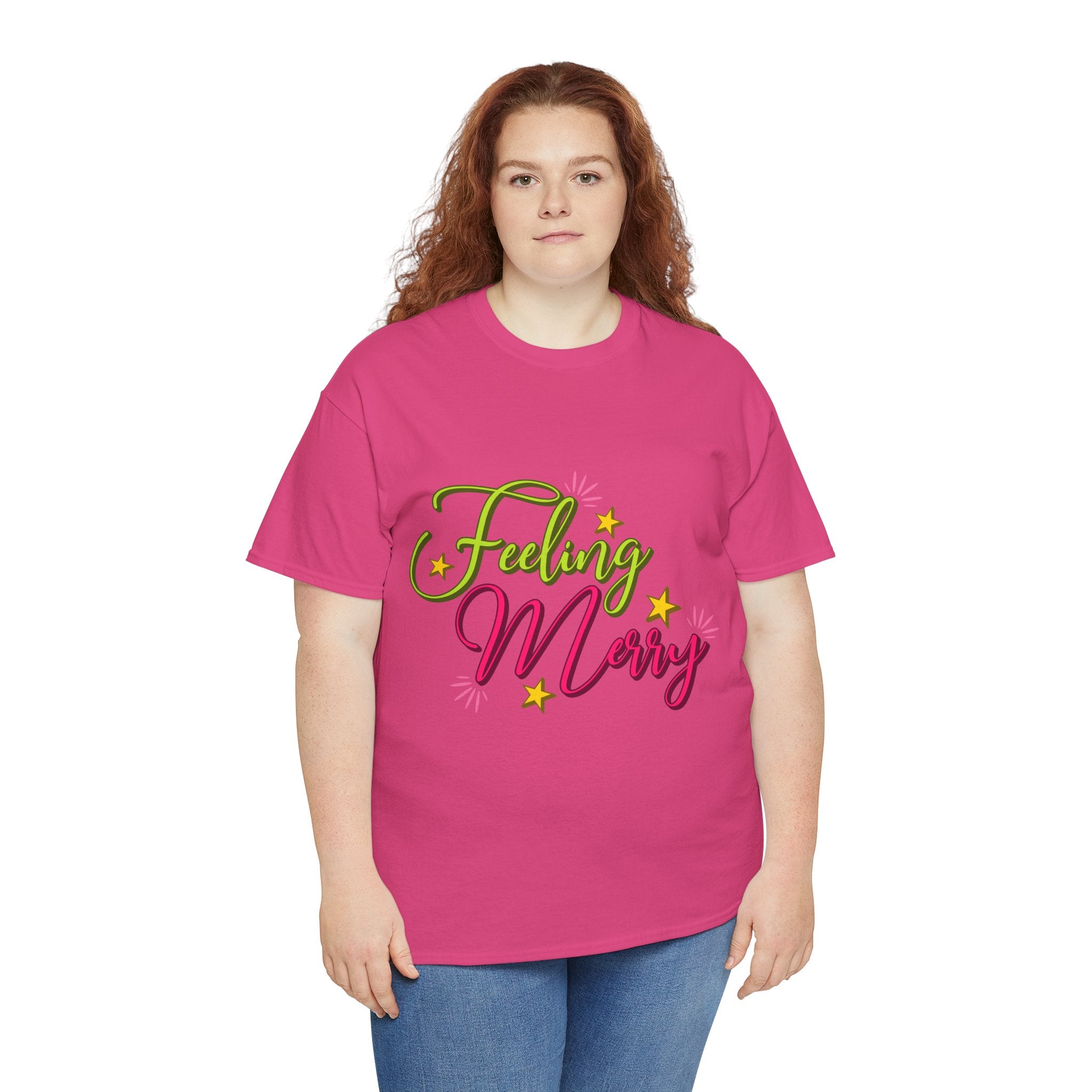 Feeling Merry T-Shirt — Bright Green & Pink Holiday Tee with Stars.Unisex Cotton Tee