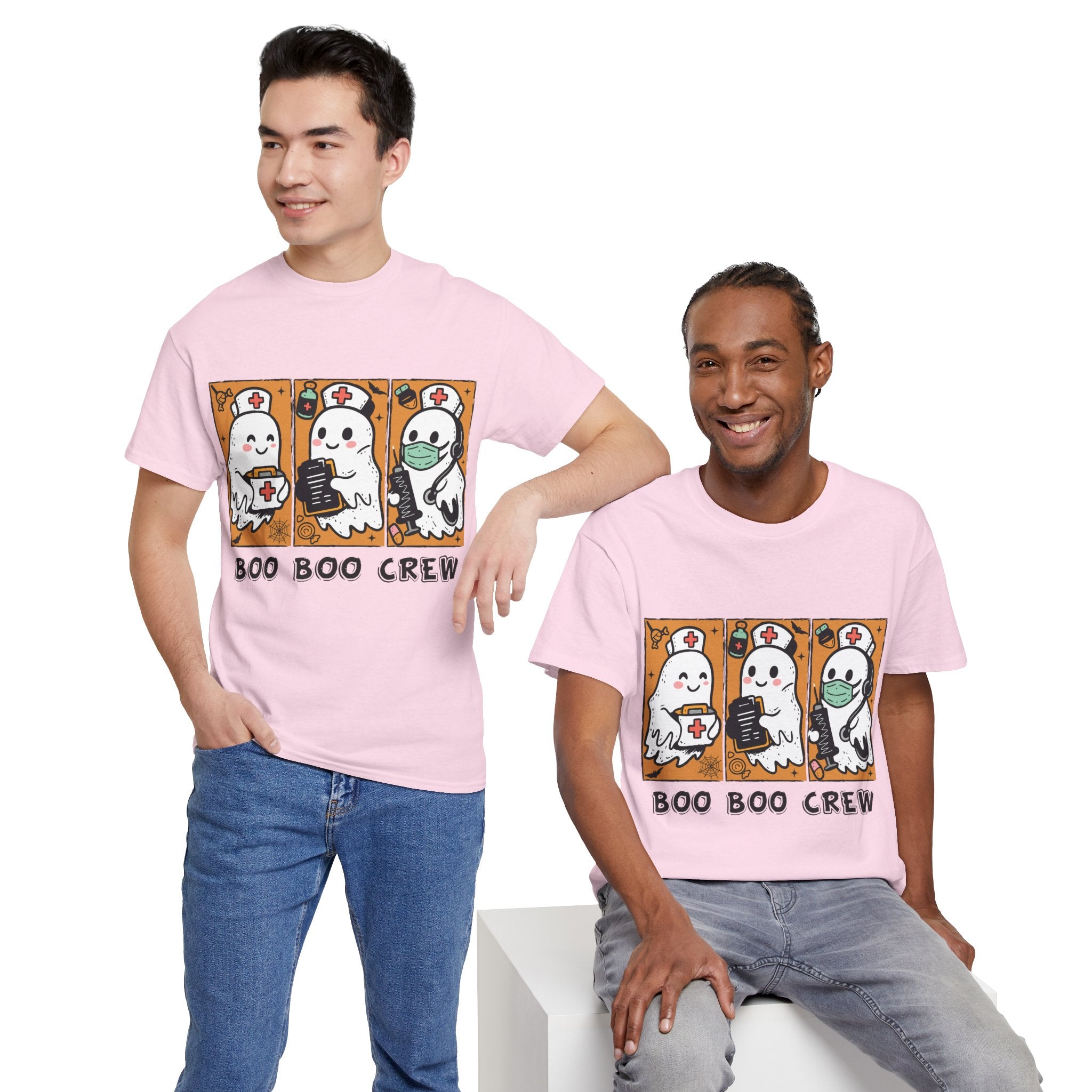 Halloween Nurse T-Shirt — Ghost Nurses Holding Medical Tools on Orange Unisec Cotton Tee