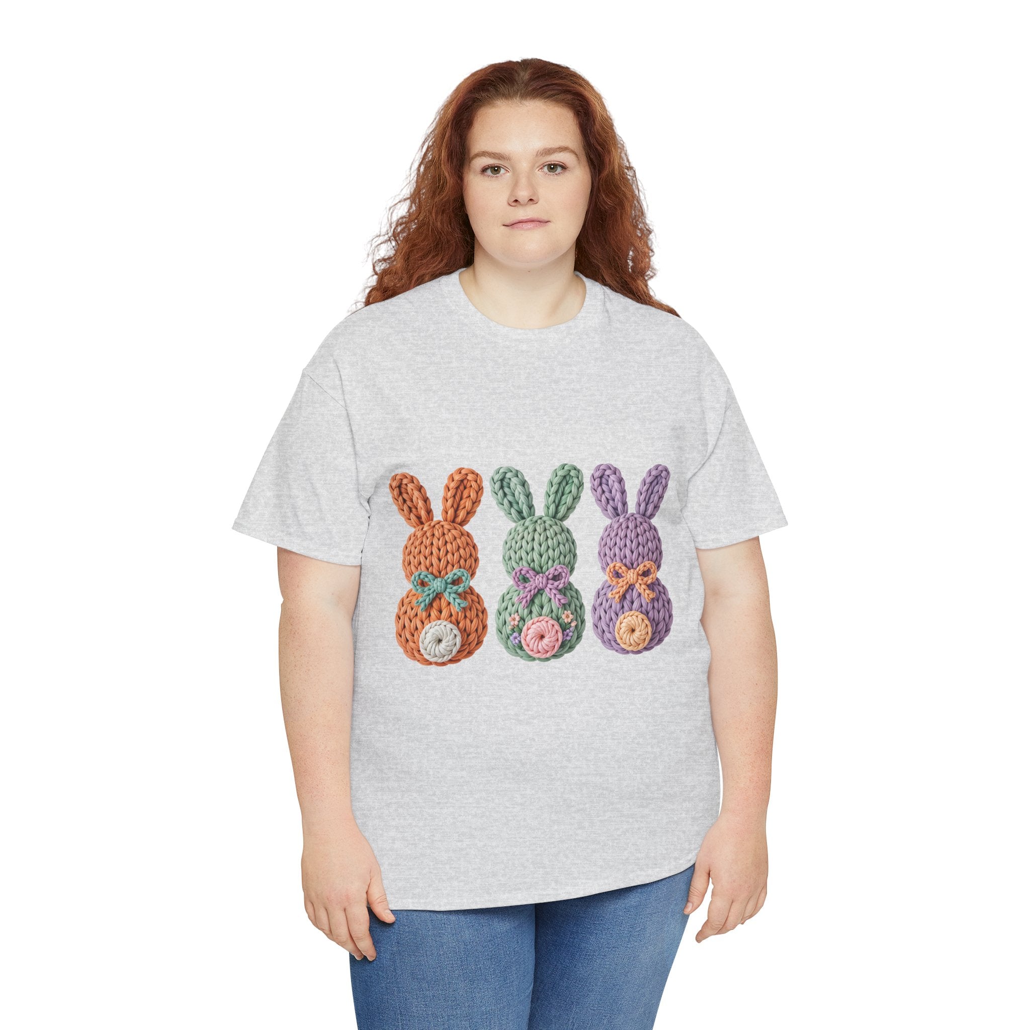 Pastel Crochet Bunny Tee — Trio of Faux Knit Bunnies with Bows & Flowers Unisex Cotton Tee