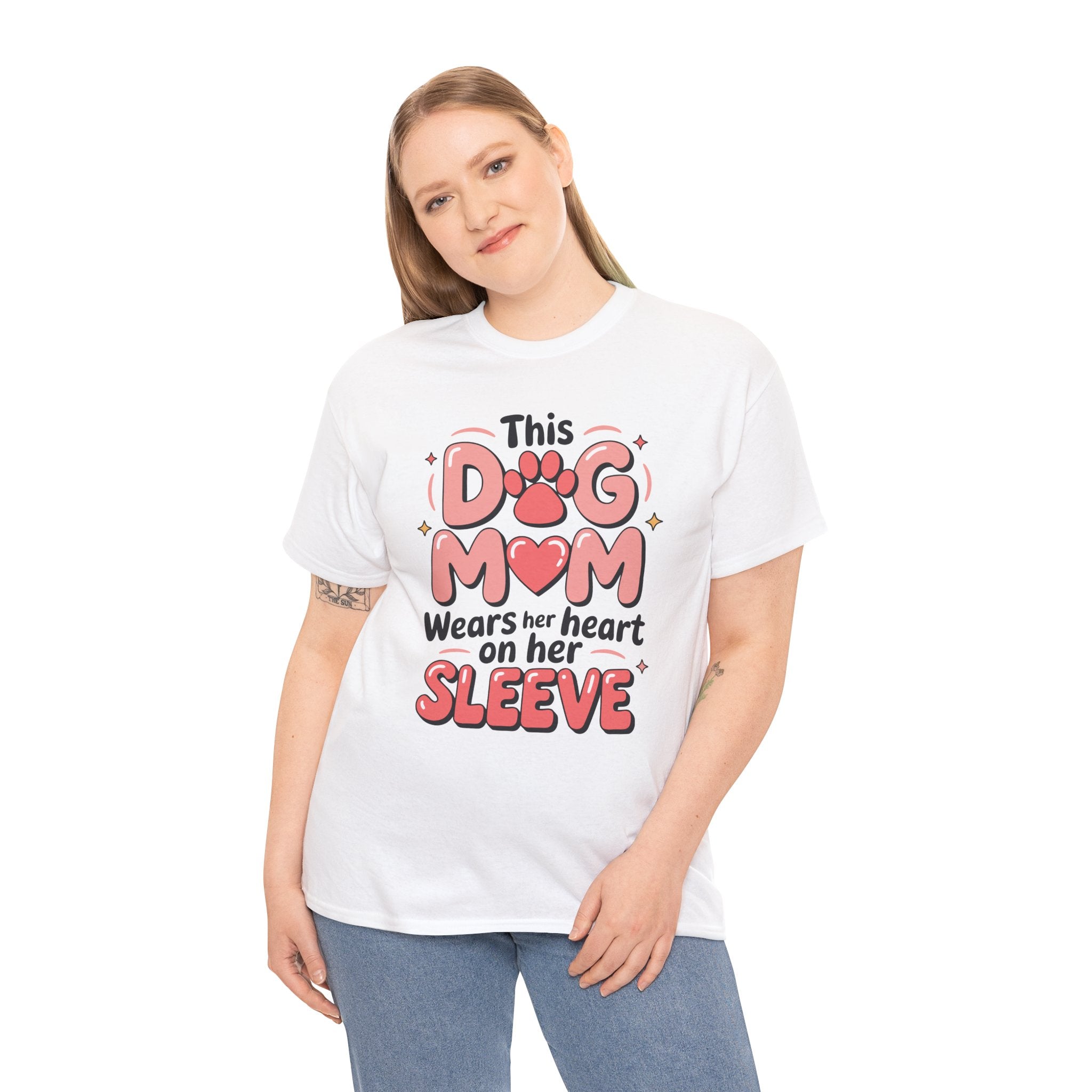 Dog Mom T-Shirt — "This Dog Mom Wears Her Heart on Her Sleeve" Paw & Heart Unisex Cotton Tee
