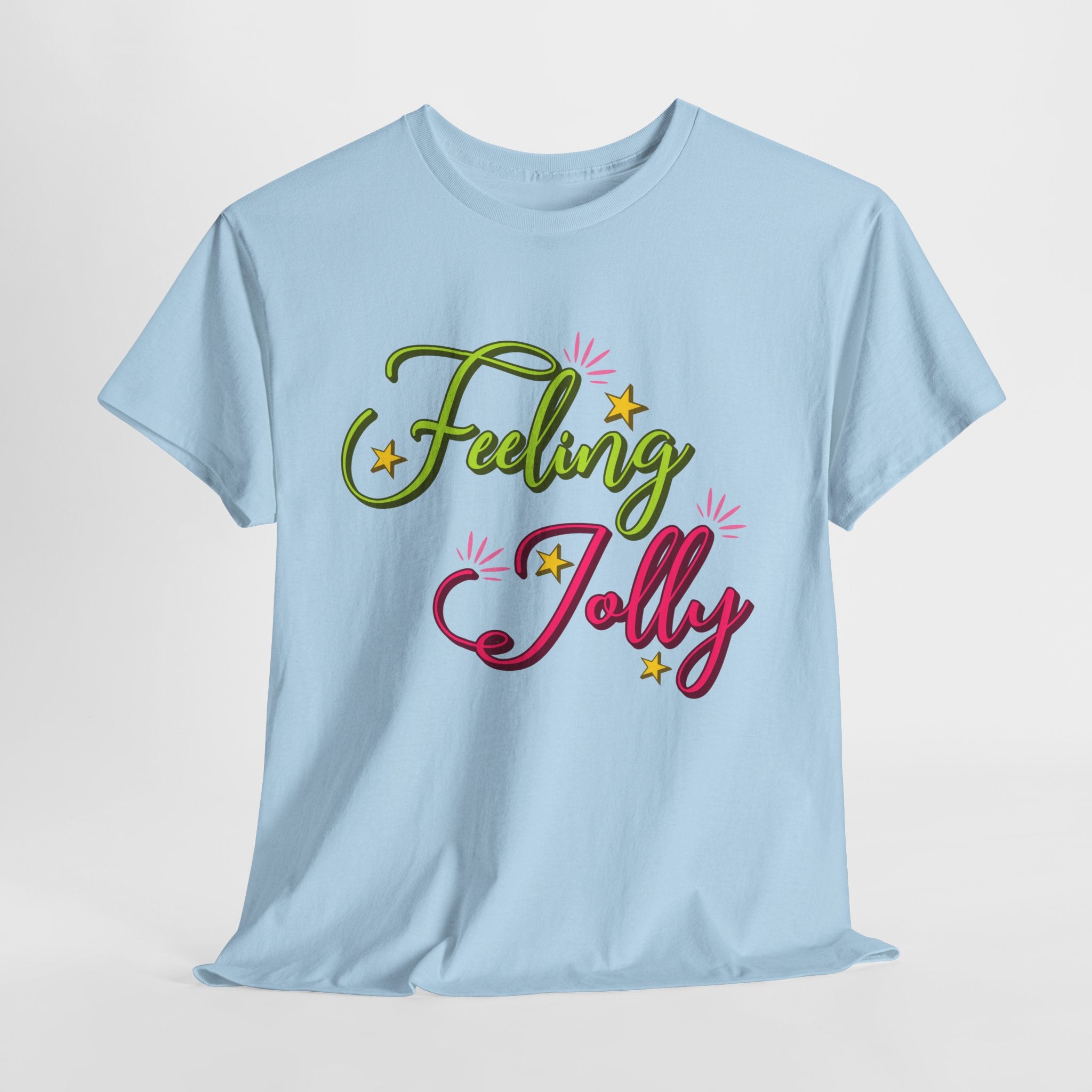 Feeling Jolly Tee — Festive Green & Pink Script with Yellow Stars Unisex Cotton Tee