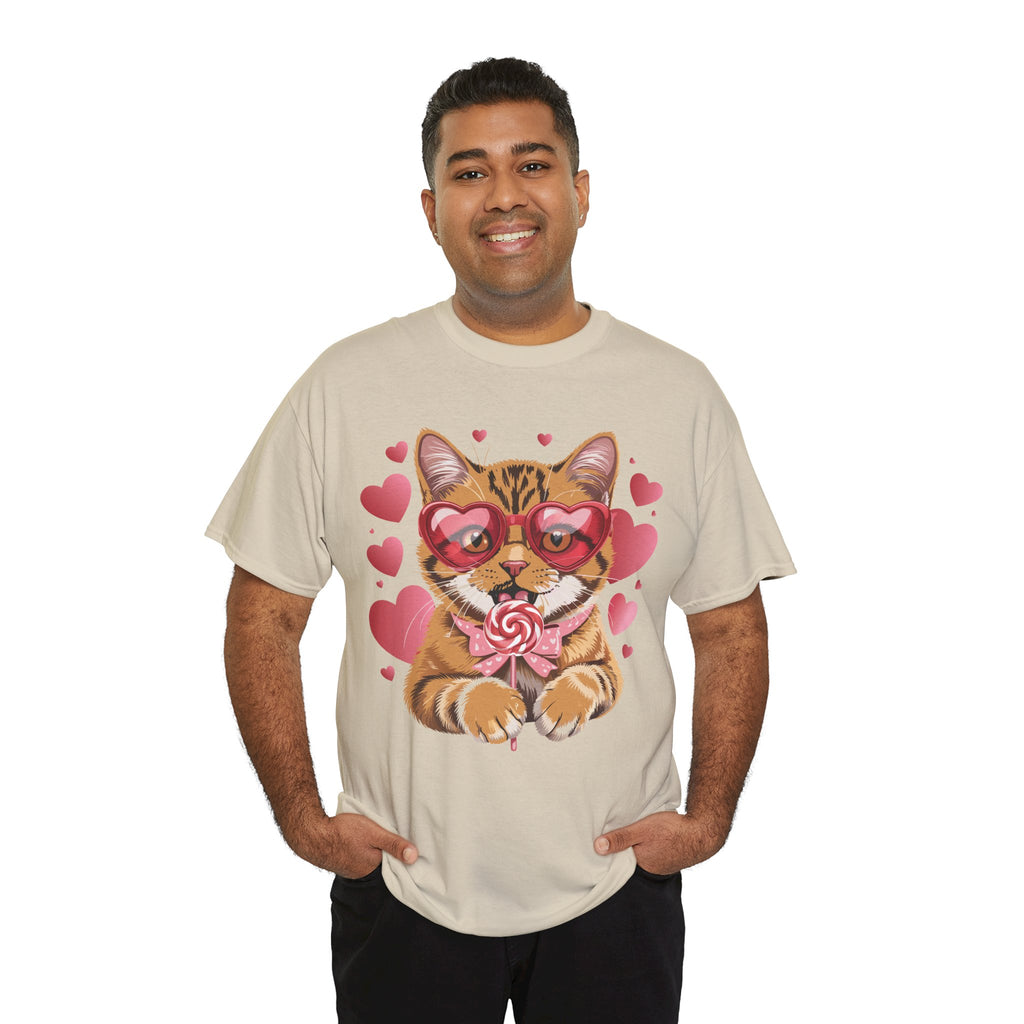 Valentine Cat Tee — Heart Glasses, Lollipop Bow Unisex Cotton Tee