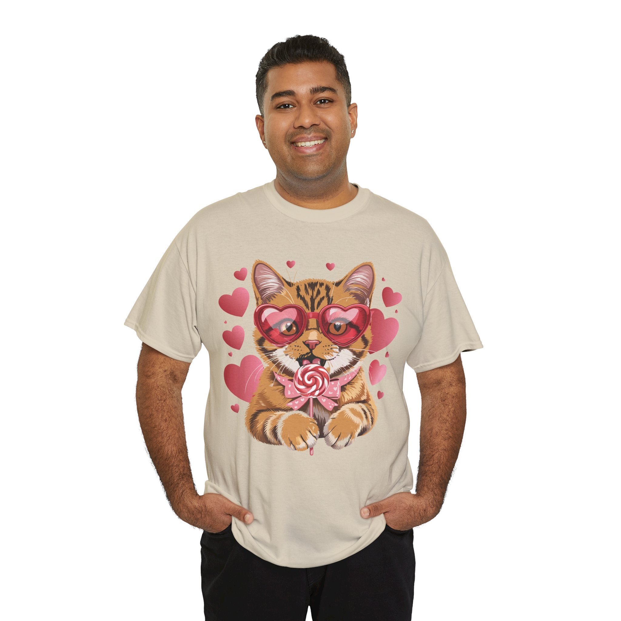 Valentine Cat Tee — Heart Glasses, Lollipop Bow Unisex Cotton Tee