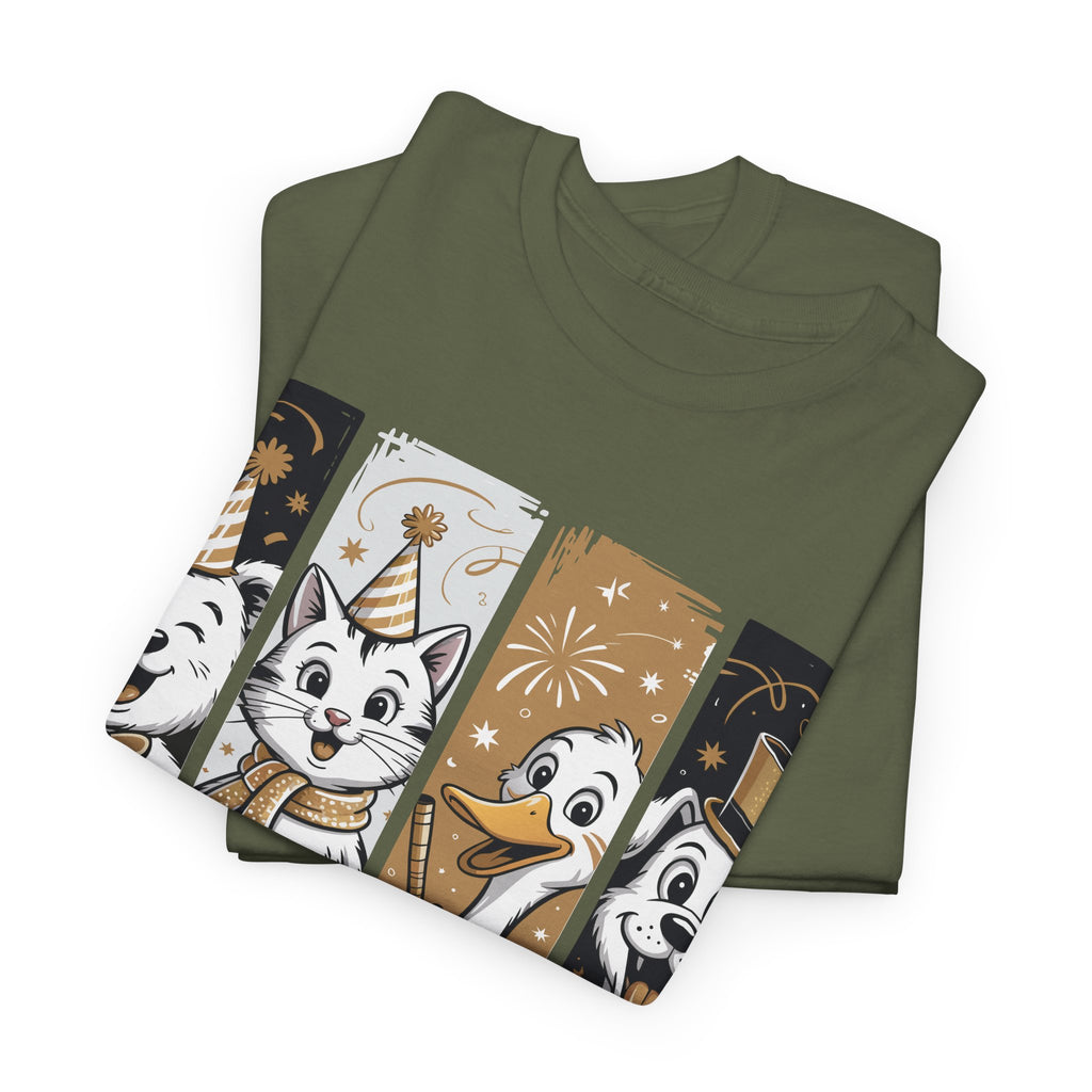 Happy New Year Party Animals T-Shirt — Cute Smiling Animals in Party Hats & Gold Fireworks..Unisex Cotton Tee