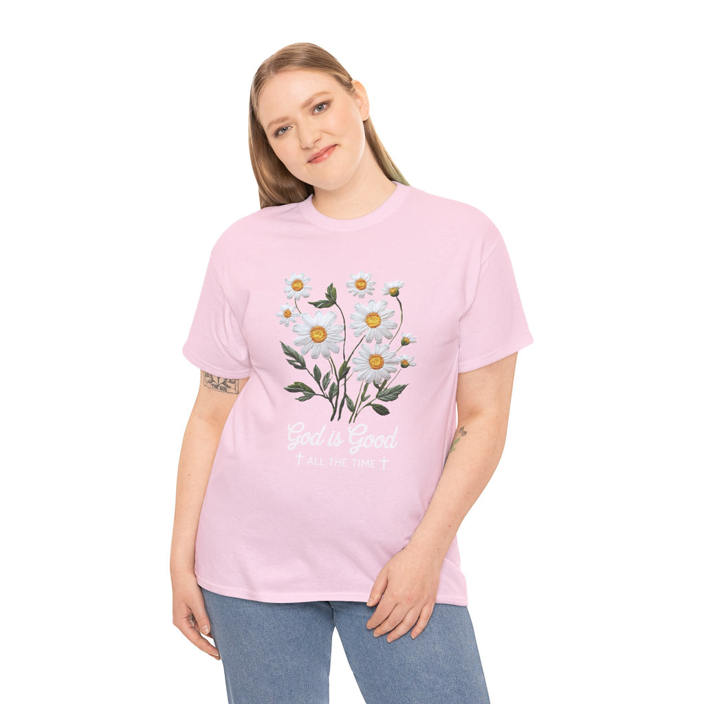 God Is Good All The Time Embroidered Daisy Unisex Cotton Tee