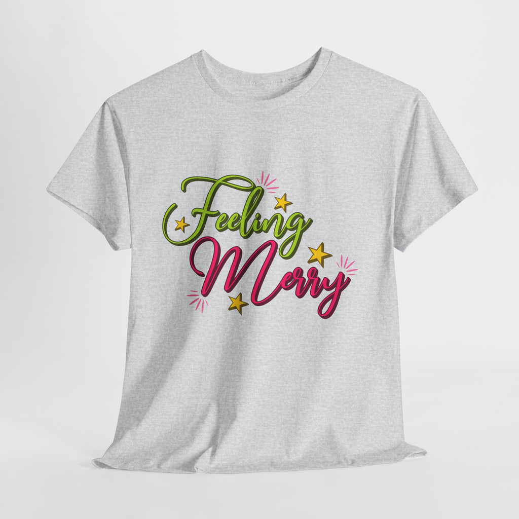 Feeling Merry T-Shirt — Bright Green & Pink Holiday Tee with Stars.Unisex Cotton Tee